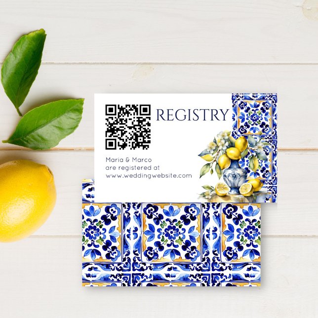 Amalfi Italienische Blauen Fliesen Zitronen qr Ges Begleitkarte (Amalfi Italian Vietri blue tiles and lemons bridal shower wedding qr gift registry Enclosure Card)