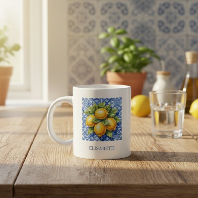 Amalfi Italy Lemon Blue White Tile Personalized Jumbo-Tasse (Von Creator hochgeladen)