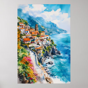 Amalfi-Küste Aquarell Vintage Reiseposter Ski Poster