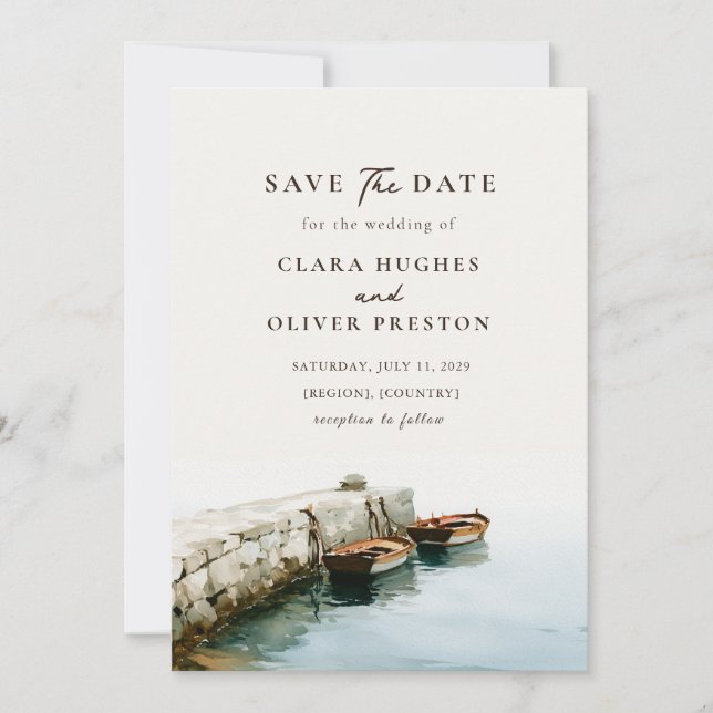 Amalfi-Küste Fischerboot Steinpier Hochzeit  Save The Date (Vorderseite)