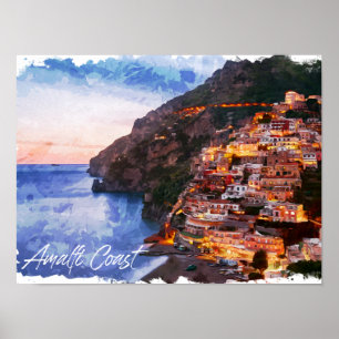 Amalfi Küste Italien Aquarellküste Positano Poster