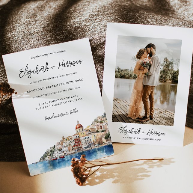 Amalfi Küste Italien Hochzeitsfeier Foto Einladung (Capture the romance of Italy with our watercolor Amalfi Coast wedding invitations.)