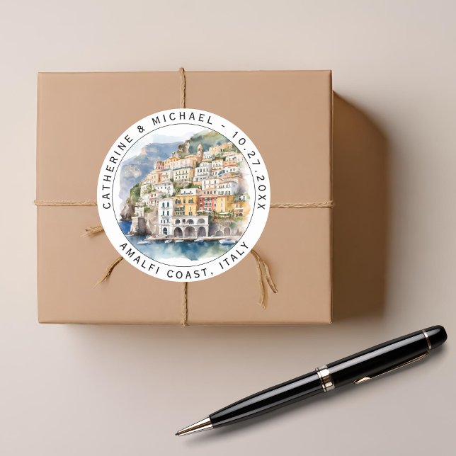 Amalfi Küste Italien Wasserfarben Hochzeit in Urla Runder Aufkleber (Von Creator hochgeladen)