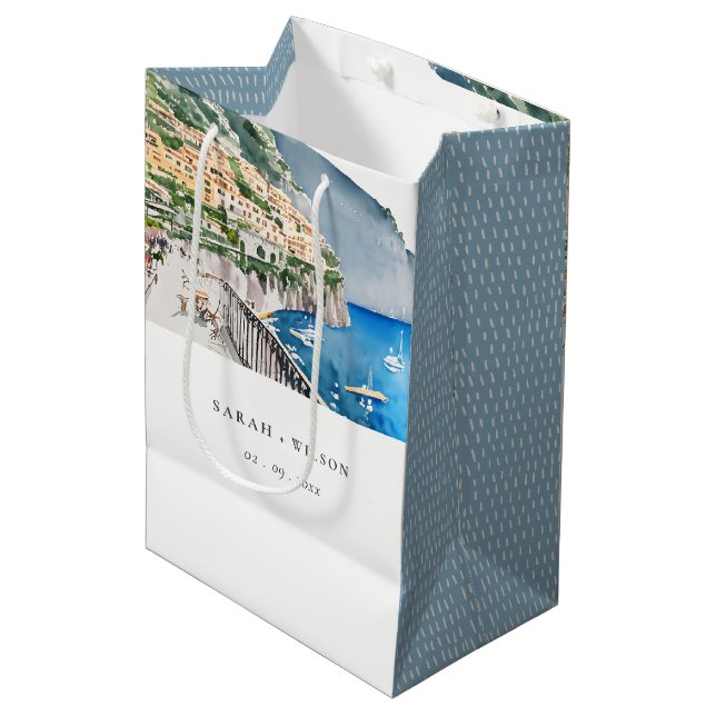 Amalfi Küste Italien Wasserfarbenwelt Hochzeit Mittlere Geschenktüte (Vorderseite Schrägansicht)