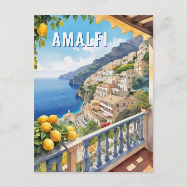 Amalfi Küste Lemon Balkon Meer Blick Retro Reisen Postkarte (Vorderseite)