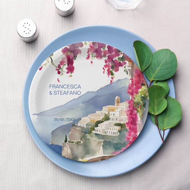 Amalfi Küste Mittelmeer-Monografie gedruckt Pappteller (Amalfi coast Mediterranean bridal shower wedding monogram printed Paper Plates)