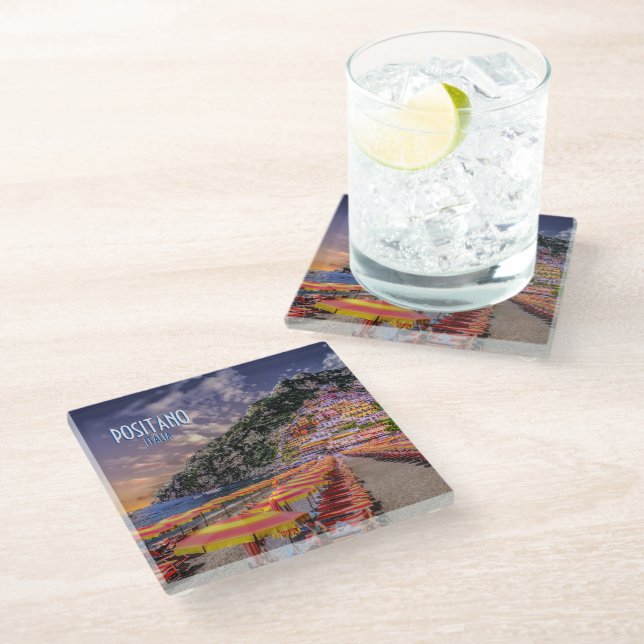 Amalfi Küste Positano Italien Sunset Vintage Glasuntersetzer (Schrägansicht)