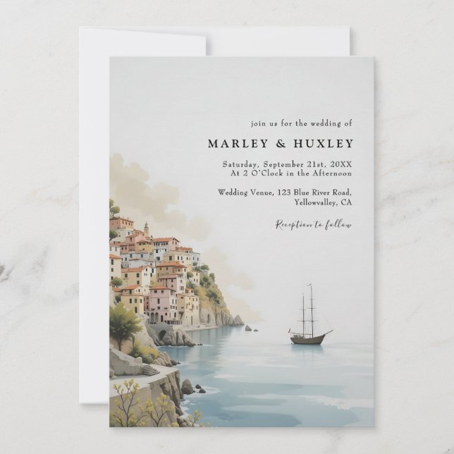 Amalfi Küste Wasserfarbe Minimalistisch Sommerhoch Einladung (Vorderseite)