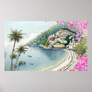 Amalfi-Küste Wasserfarben Kunst Druck Poster