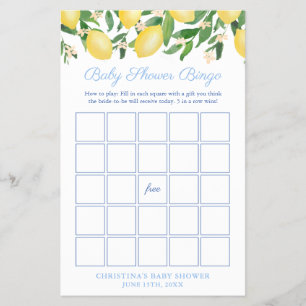 Amalfi Lemon Pale Blue Baby Dusche Bingo Game Card Flyer