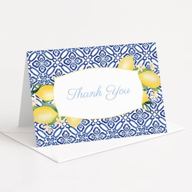 Amalfi Lemons Azulejos Powder Blue Baby Dusche Dankeskarte (Amalfi Lemons and blue and white vintage tiles baby boy shower thank you card)