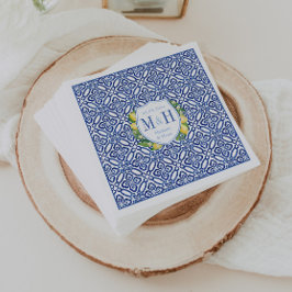 Amalfi Lemons Blue Tile Monogram Wedding Serviette