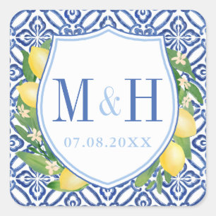 Amalfi Lemons Blue Tiles Wedes Logo Monogram Quadratischer Aufkleber