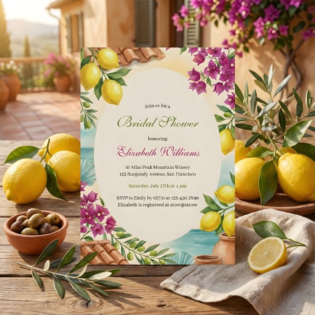 Amalfi Lemons Coastal Italian Summer Bridal Shower Einladung (Italian Summer Bridal Shower – Amalfi Lemons & Bougainvillea, Coastal, Personalized)