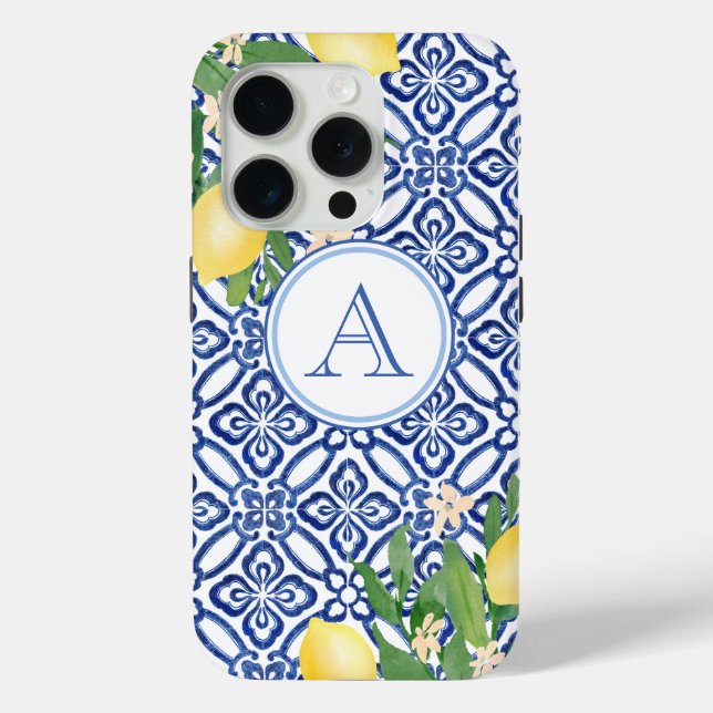 Amalfi Lemons Monogram Blue White Case-Mate iPhone Hülle (Rückseite)