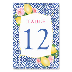 Amalfi Lemons Pink Blume Blau Tiles Wedding Tischnummer
