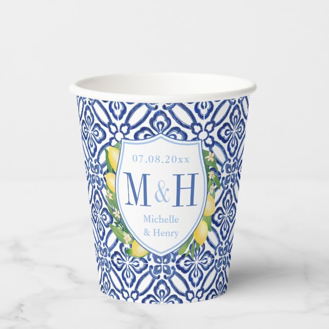 Amalfi Lemons Polterabend Paare Monogramm Pappbecher (Vorderseite)