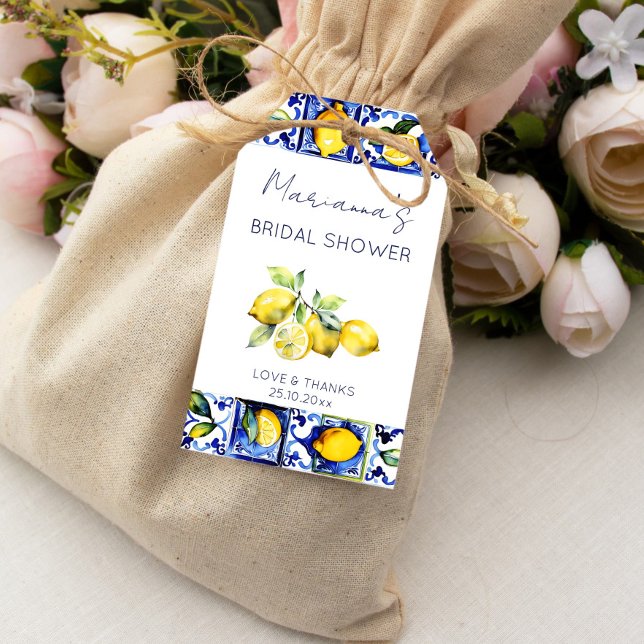 Amalfi Majolica blue tiles lemons bridal shower Geschenkanhänger (Blue tiles lemons Majolica tiles Amalfi Sicialian bridal shower favor gift tags watercolor favor tag)