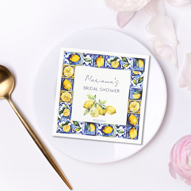 Amalfi Positano blue tiles lemons bridal shower Serviette (Amalfi Sicilian Majoica blue tiles lemons bridal shower tableware personalized napkins citrus themed)