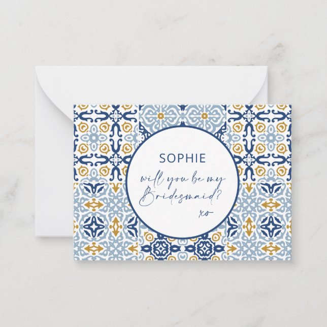 Amalfi Tile Blau gelb wirst du meine Bridesmaid se Mitteilungskarte (Vorderseite)