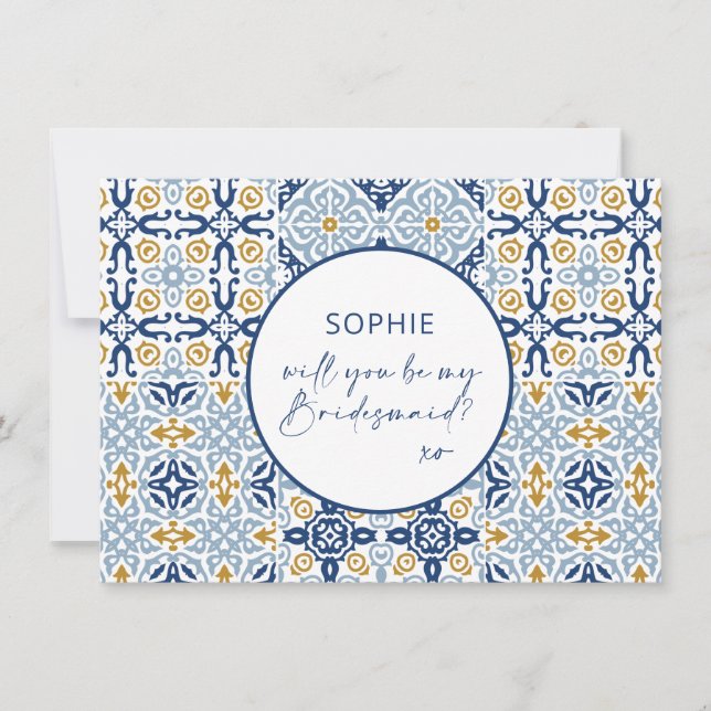 Amalfi Tile Blue Yellow Bridesmaid Vorschlag Card Dankeskarte (Vorderseite)