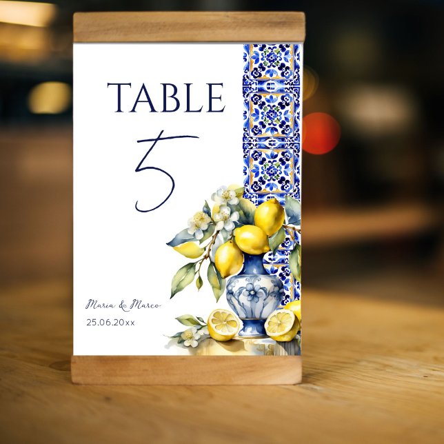 Amalfi Tischnummern (Amalfi Italian Mediterranean blue tiles lemons ceramic vase  table numbers personalized tableware)