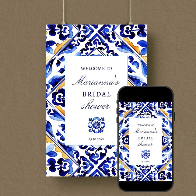 Amalfi Vietri Brautparty Begrüßungszeichen Poster (Amalfi Vietri blue tile bridal shower editable template welcome sign  digital download Mediterranean)