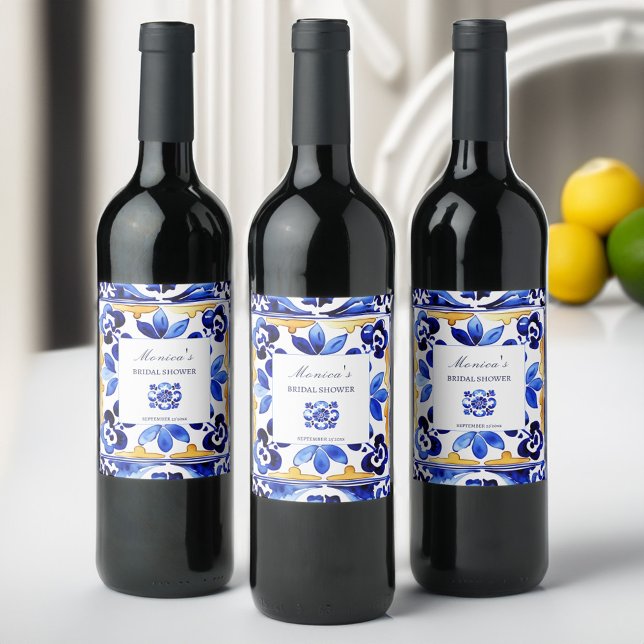 Amalfi Vietri Brautparty Weinetikett (Amalfi Vietri Italian blue tiles bridal shower personalized Wine Label bridal shower tableware)