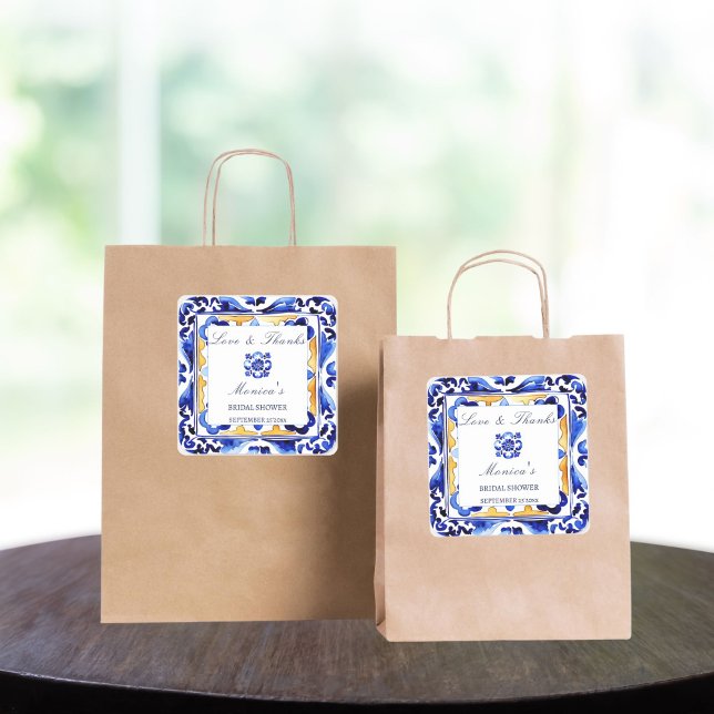 Amalfi Vietri Fliesen Italienisches Brautparty bev Quadratischer Aufkleber (Amalfi Vietri tiles Italian bridal shower favor Sticker Mediterranean blue aulejo tiles thank you )