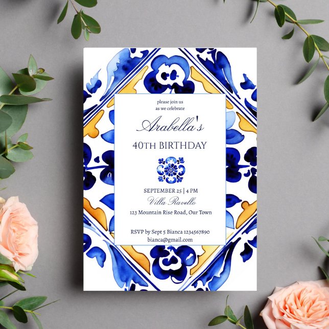 Amalfi Vietri Italienische blaue Fliesen Geburtsta Einladung (Amalfi Vietri Italian blue tiles birthday party editable template Invitation digital download )