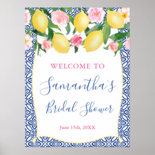 Amalfi-Zitronen Rosa Floral Blaue Fliesen Brautdus Poster