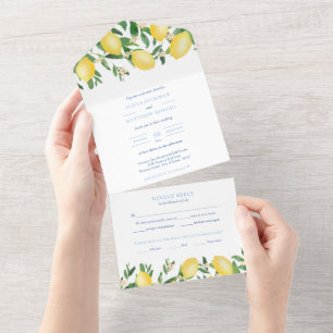 Amalfi-Zitronen Vintage Blau Weiße Fliesen Hochzei All In One Einladung