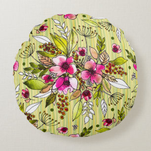 Amanda Floral&Stripes/Wine Roter Punkt Reversible Rundes Kissen
