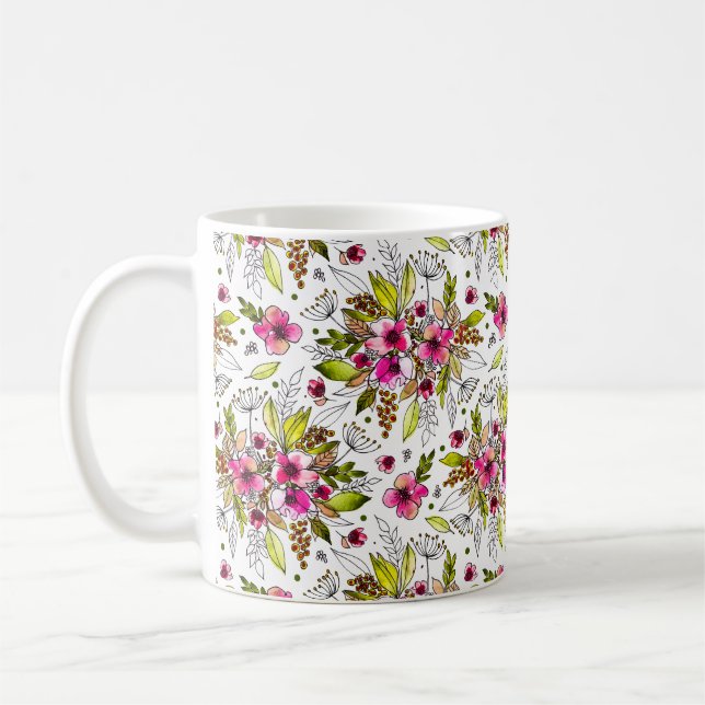 Amanda Sketched Pink und Green Watercolor Floral Kaffeetasse (Links)