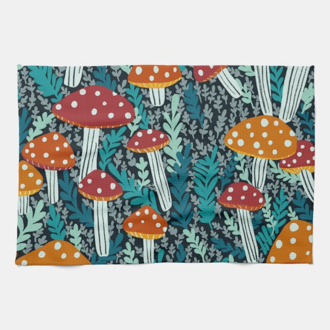Amanita Magic Mushroom Fern Forest Pattern Geschirrtuch (Horizontal)