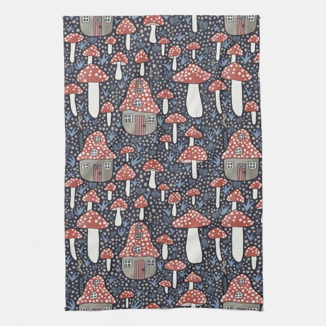 Amanita Magical Mushroom Village Niedliche Illustr Geschirrtuch (Vertikal)