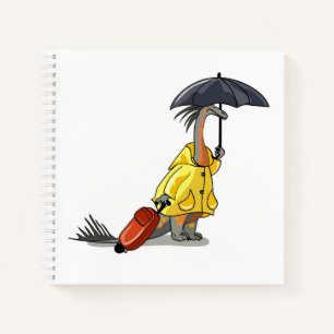 Amargasaurus mit Regenschirm und Koffer. Notizbuch
