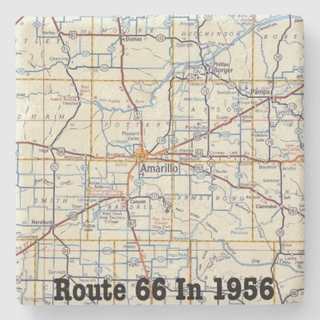 Amarillo Route 66 Karte 1956 Steinuntersetzer (Vorderseite)