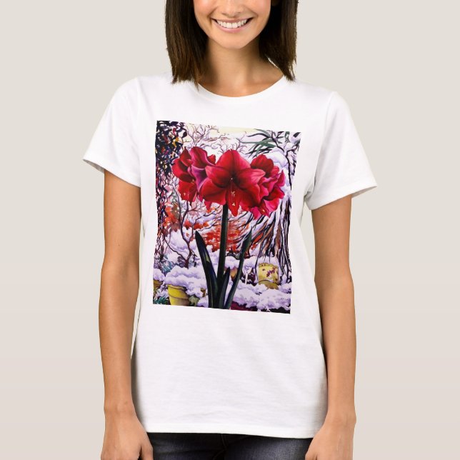 Amaryllis durch Schnee-Fenster T-Shirt (Vorderseite)