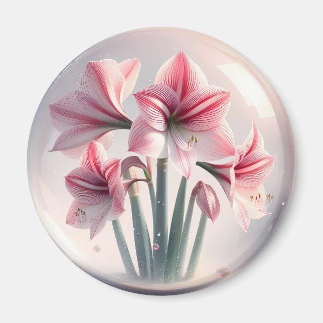 Amaryllis Pink Weiße Blume Magnet (Vorne)