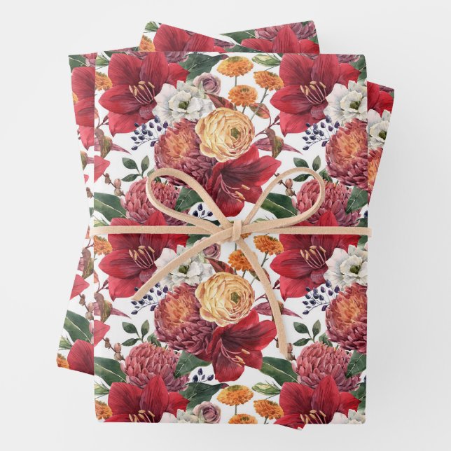 Amaryllis und Chrysanthemums Blumenmuster Geschenkpapier Set (Beispiel)