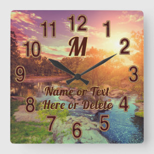 Amazing Creek, Glowing Sun Set Landscape Clock Quadratische Wanduhr