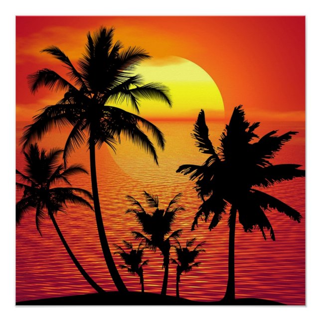 Amazing sunset with palms on tropical beach poster (Vorderseite)