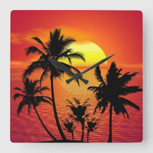 Amazing sunset with palms on tropical beach quadratische wanduhr