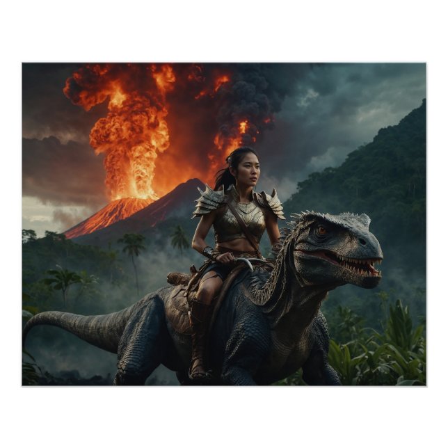 Amazone auf Dinosaurier vor Vulkan – Epische Fant Poster (Vorderseite)