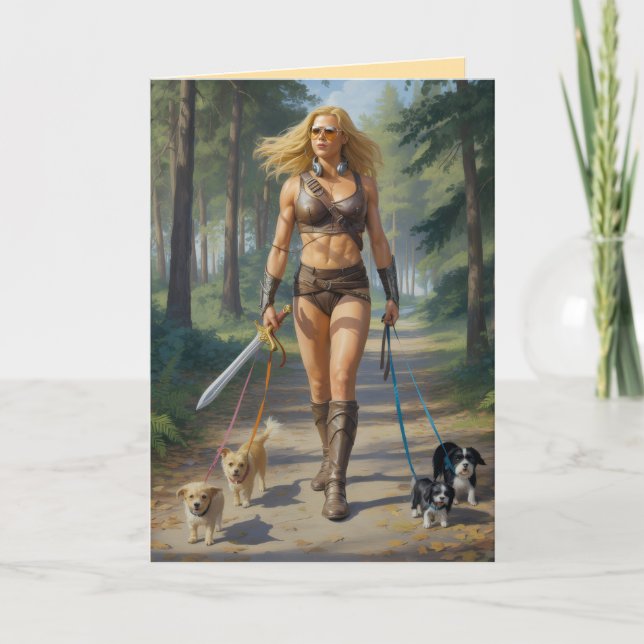 Amazonen-Kriegerin führt Hund Karte (Vorderseite)