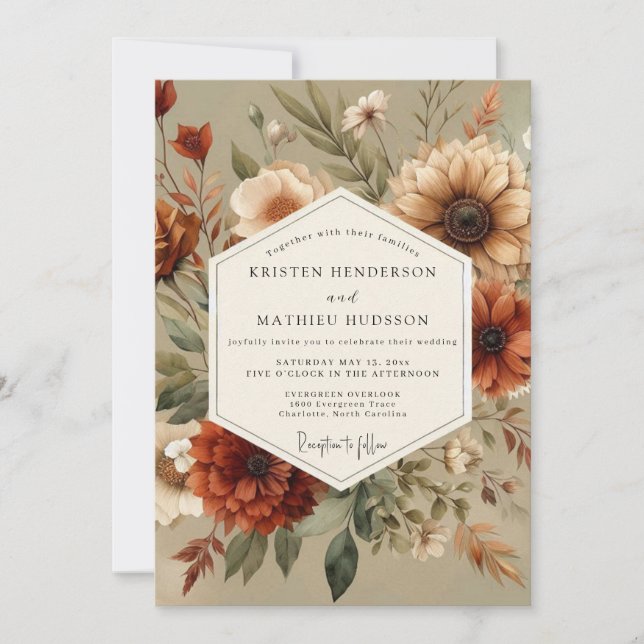 Amber Floral Autumn Romance Wedding Einladung (Vorderseite)