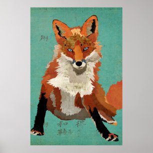 Amber Fox Retro Blue Art Poster