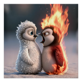 Amber & Frosty Fire and Ice Penguin Poster