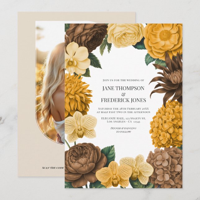 Amber Honey, Desert Clay & Marigold Bloom Wedding Einladung (Vorne/Hinten)